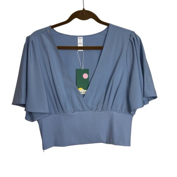 HALARA Womens Large Light Blue V-Neck Blouse Top Flutter Sleeves Pleats Side Zip - Picture 1 of 10